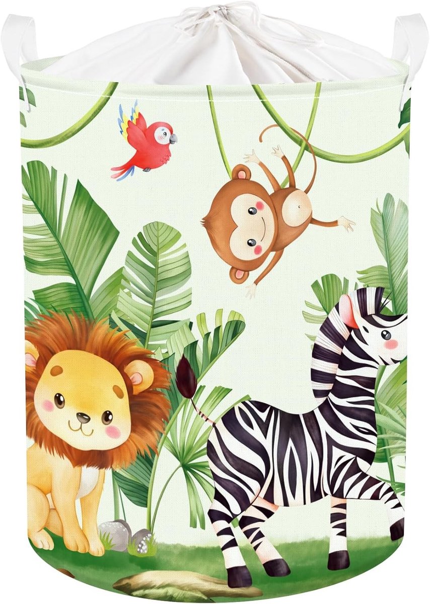 Schattige Tropische Dieren Wasmand voor Kinderen - Olifant, Leeuw, Zebra en Aap - Rond Groene Opbergmand voor Speelgoed en Kleding, 36 x 45 cm