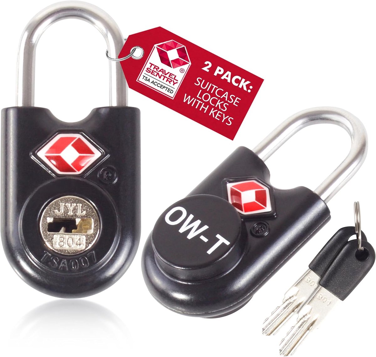 SnelShoppen - TSA Hangslot met Sleutel, Kofferslot, Bagageslot Zwart 2 Stuks | Sleutel Hangslot voor Koffer Ritssluiting, Bagage, Rugzak, Sporttas, Ge