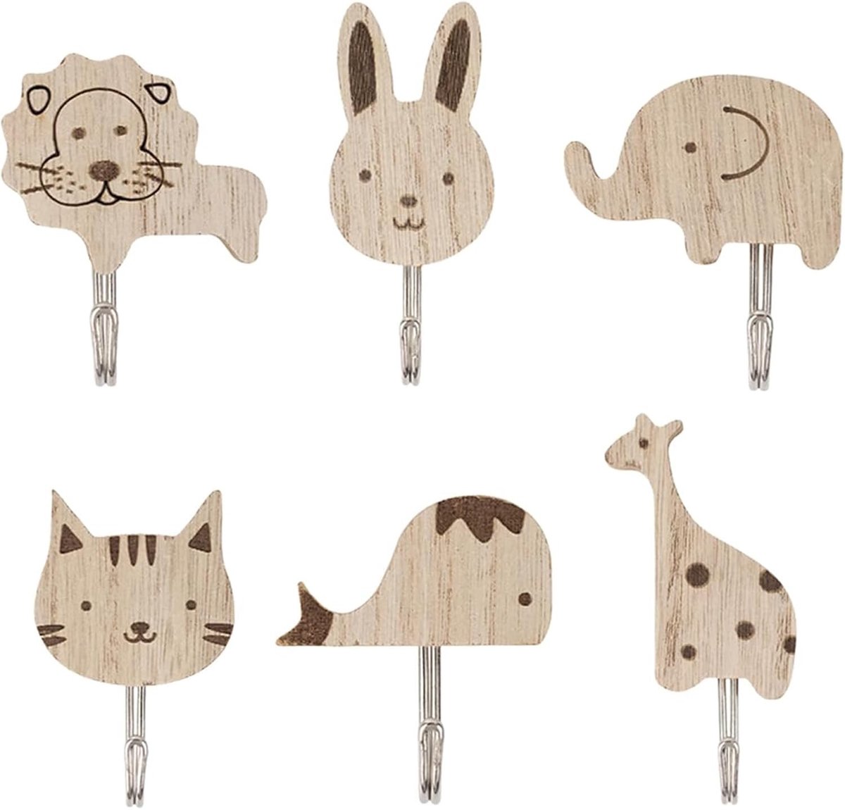 Schattige dieren wandhaken voor kinderen, 6 stuks, zelfklevend, houten haken in olifant, walvis, kat, leeuw, konijn, giraf, ideale garderobe haken voor slaapkamer, badkamer en keuken