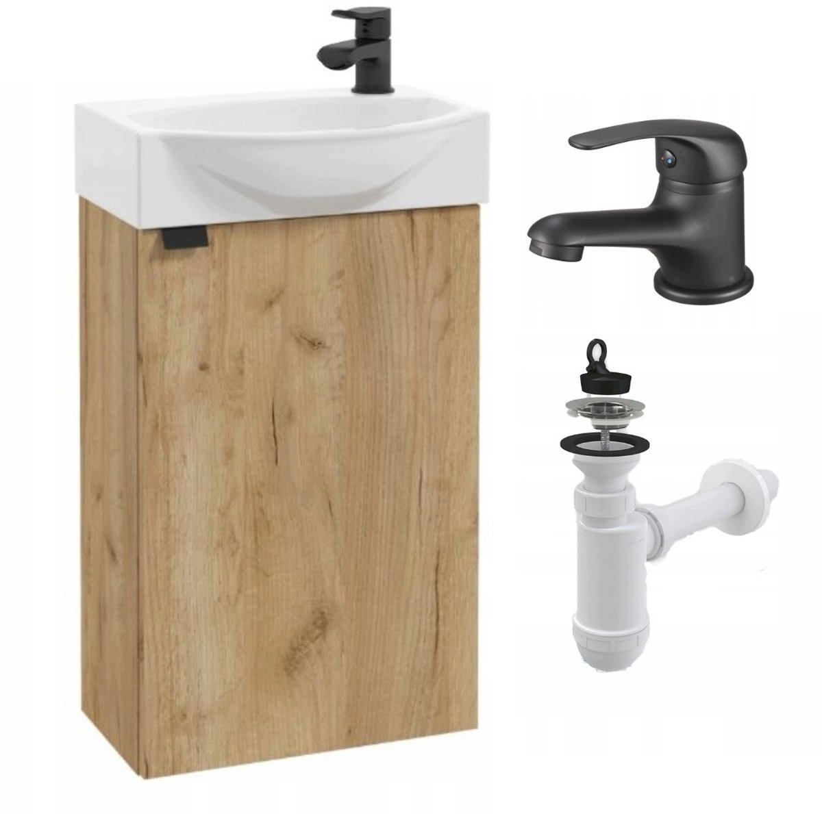 STAMAR - Wastafelmeubel 40 cm - goud eiken craft - hangend - zwarte LIVENO kraan en sifon