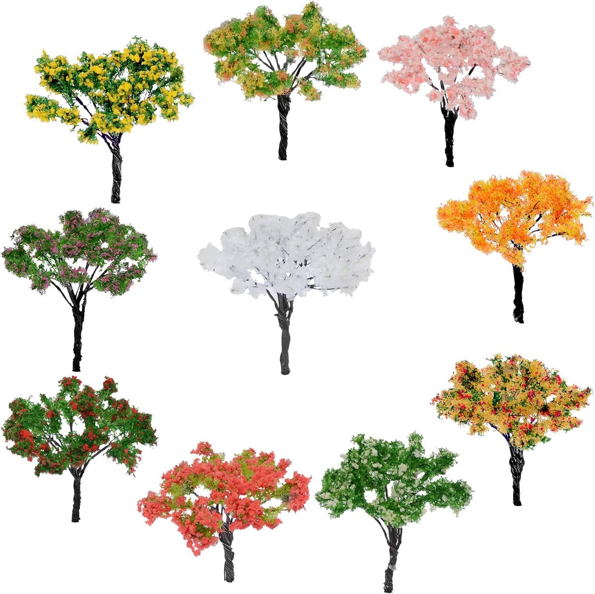 SnelShoppen - 10 Stuks Modelbouw Bomen Mix Kleurrijk voor DIY Landschap, Tuin Decoratie, Plastic Spoorbomen, 6.5 cm Hoog