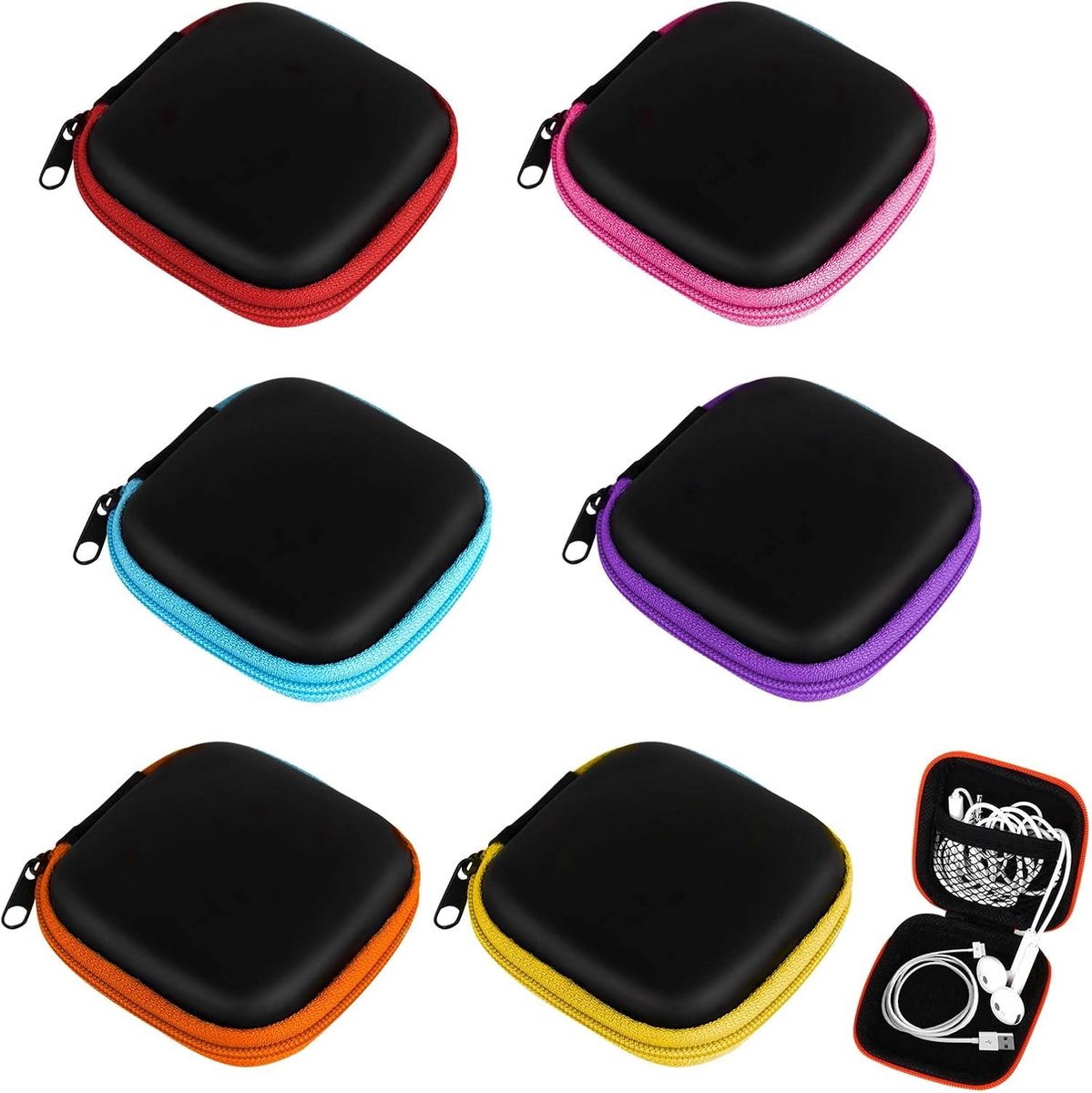 SnelShoppen - Draagbare Oordopjes Case - Vierkante Reisorganizer voor Oordopjes, USB-kabel en Oplader - Mini Hoofdtelefoon Case in Multicolor - 6 Stuk