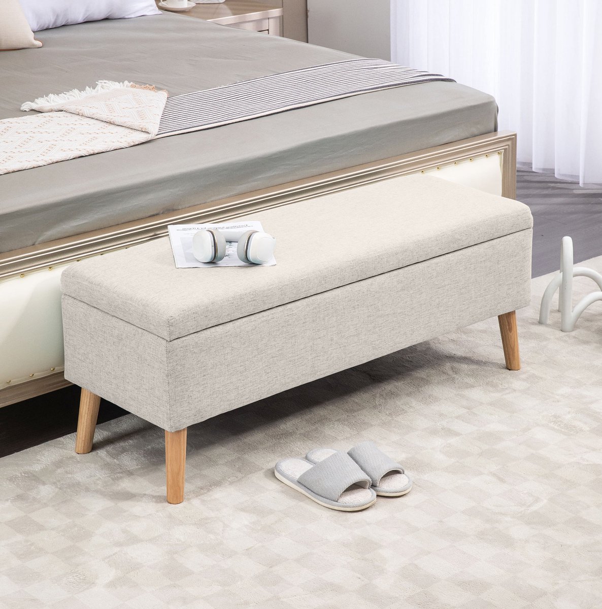 COVREO Bankje 110x39x45 cm beige, polyester met opbergruimte