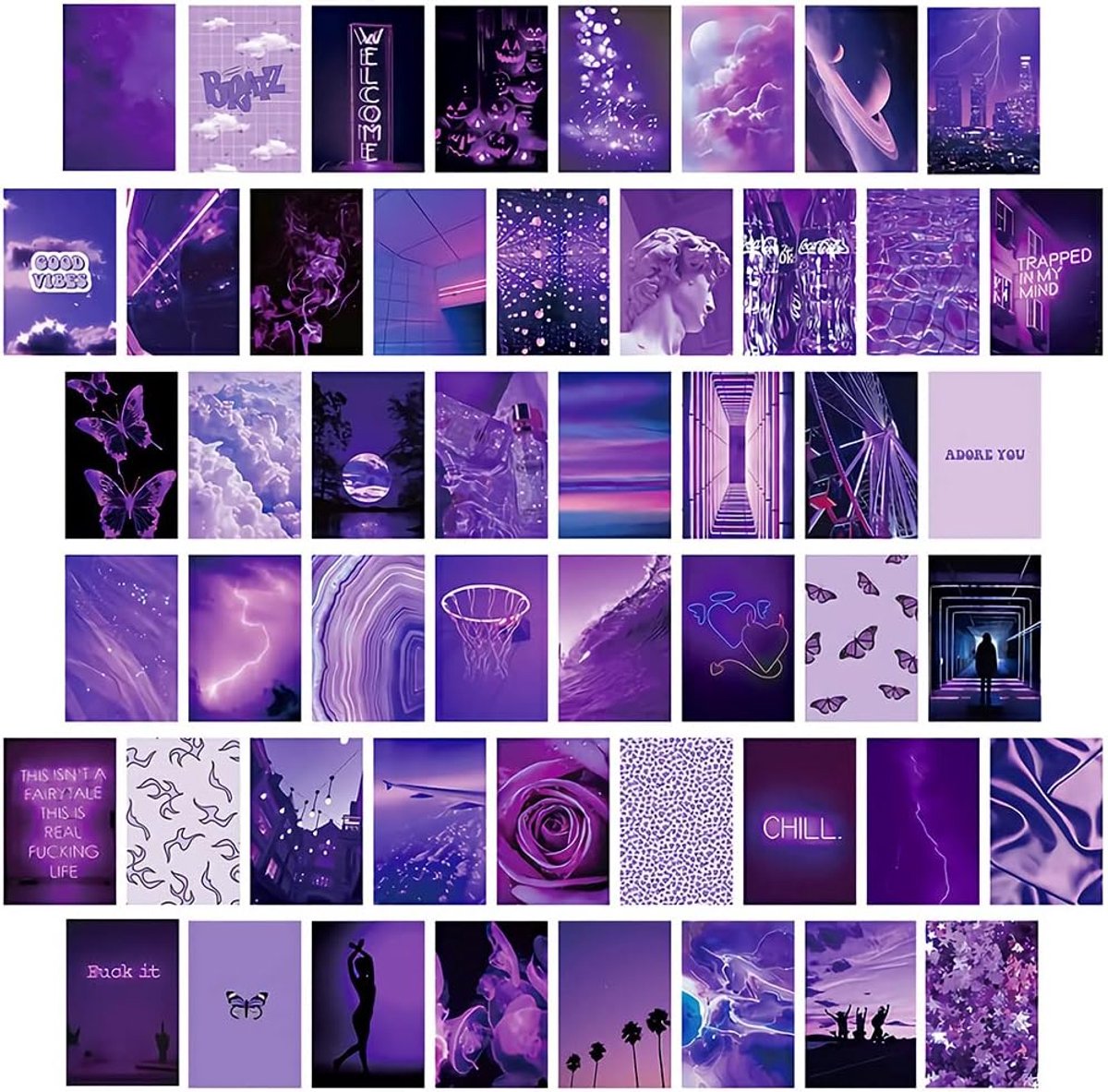 SnelShoppen - 50 Stuks Collage Print Set Paars Aesthetic Wanddecoratie Foto Wandset Poster Set Neon Collage Print voor Meisjes - Sterke, Waterdichte K