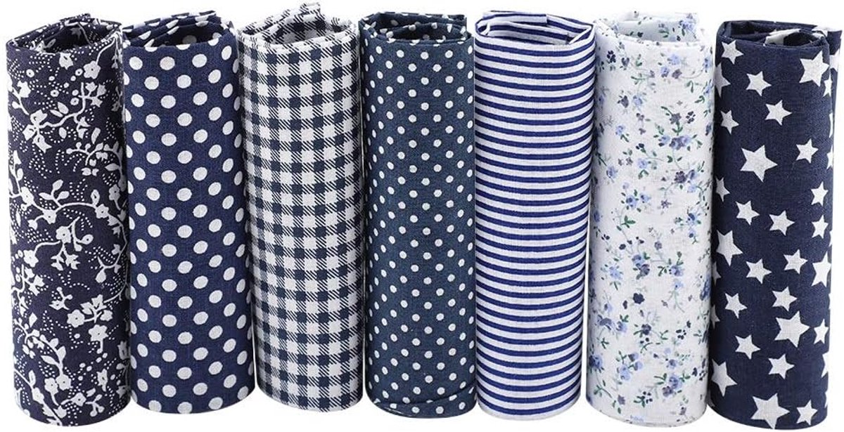 SnelShoppen - 7-delige Katoenen Stofset 50x50cm Patchwork Stof vierkanten voor DIY, Kussenhoezen, Kleding en Naaien - Donkerblauw, Creatief en Comfort