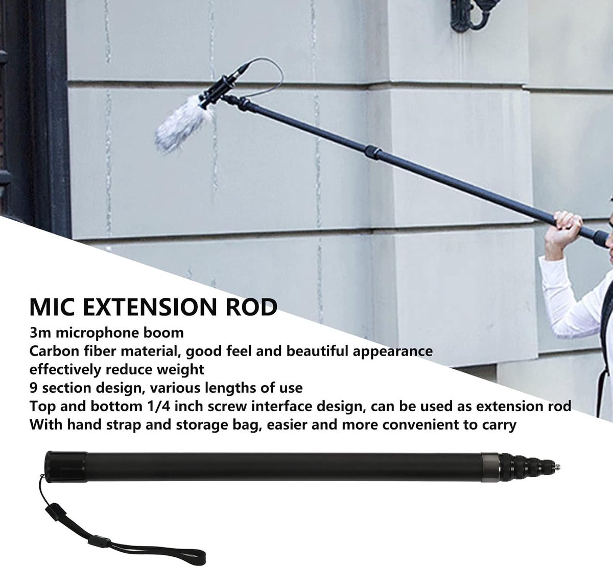 SnelShoppen - 9 Section Microfoon Verlengpaal, Draagbare Handheld Boom Pole met 1/4 Inch Schroefdraad, Micro Boom Pole voor Filmen, 45.5cm / 17.9in Al