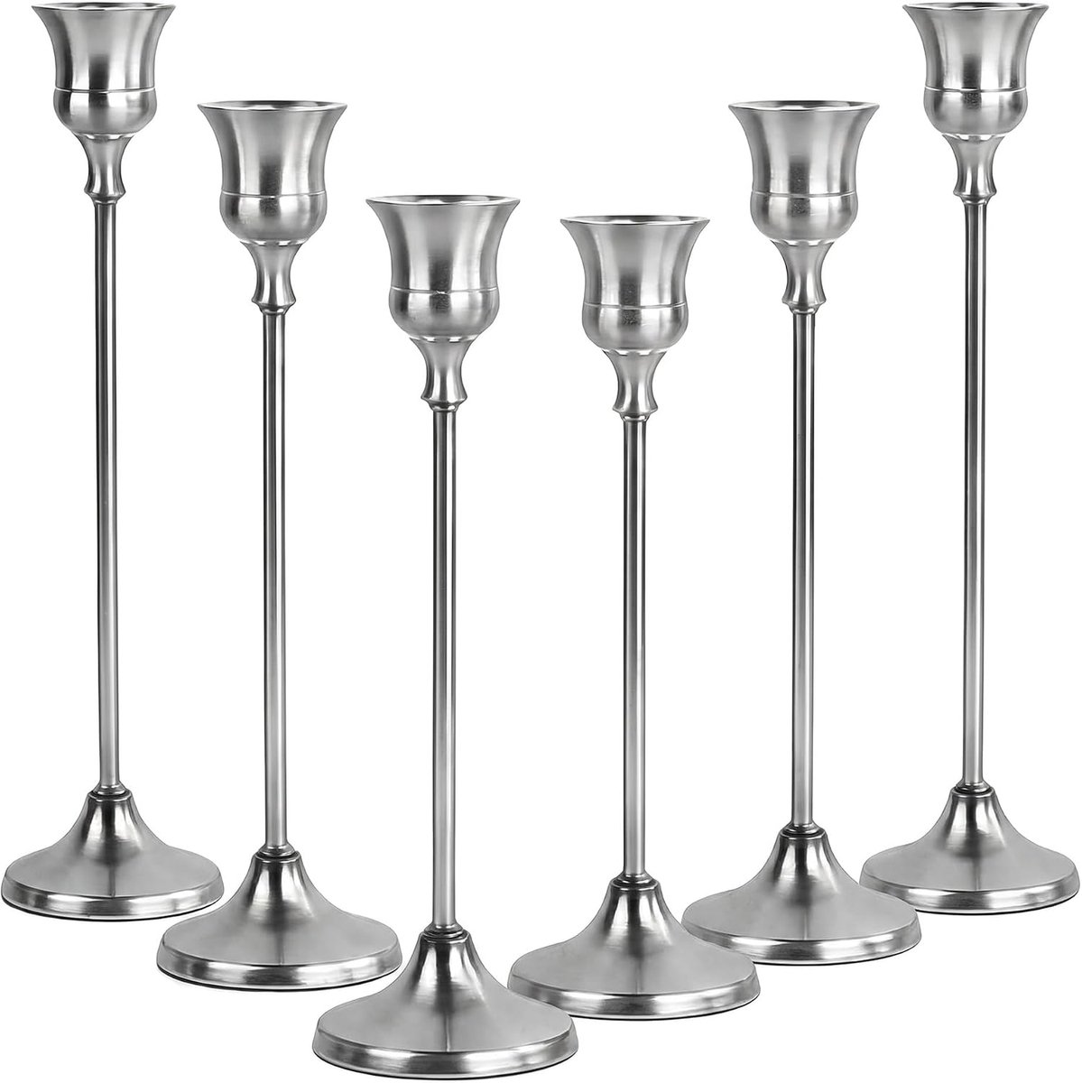 SnelShoppen - Set van 6 Zilveren Kandelaars voor Staafkaarsen in 3 Hoogtes (16/19/23 cm) - Metalen Decoratieset voor Bruiloft, Kerstmis en Thuis