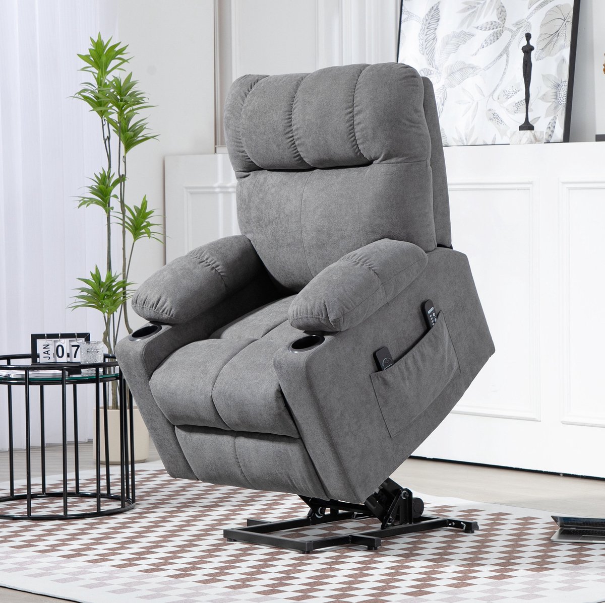 REDOM - Relaxfauteuil - Elektrische sta-op functie - 135° verstelbare rugleuning en voetensteun - 8-punts vibratiemassage met warmte - Grijs - 91 x 95 x 109 cm