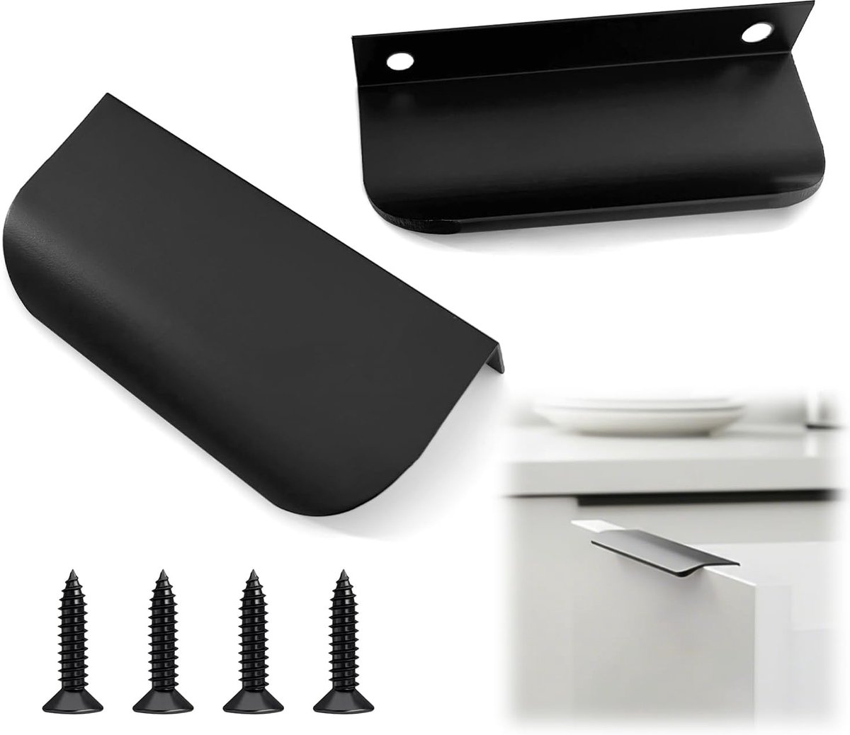 SnelShoppen - Set van 2 Keukenhandgrepen Zwart, Meubelhandgrepen Aluminium Vingerhandle voor Kast en Lade, 80mm Mat Zwart