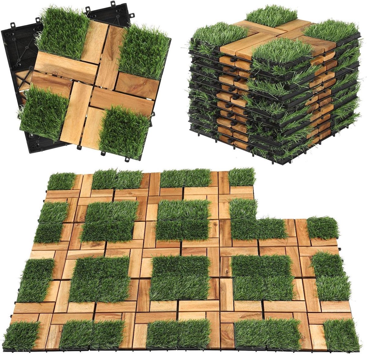 Kunstgras Houten Tegels - Balkontegels Hout - Buitenruimte Verfraaien - Click Systeem - 30x30 cm - Groen