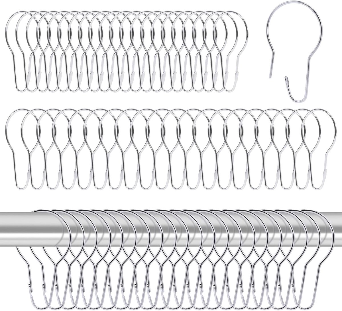 SnelShoppen - 60 stuks gordijnringen, roestvrijstalen douchegordijnhaken, zilverkleurig, 70 x 40 mm, voor badkamer, keuken, slaapkamer, woonkamer, gor