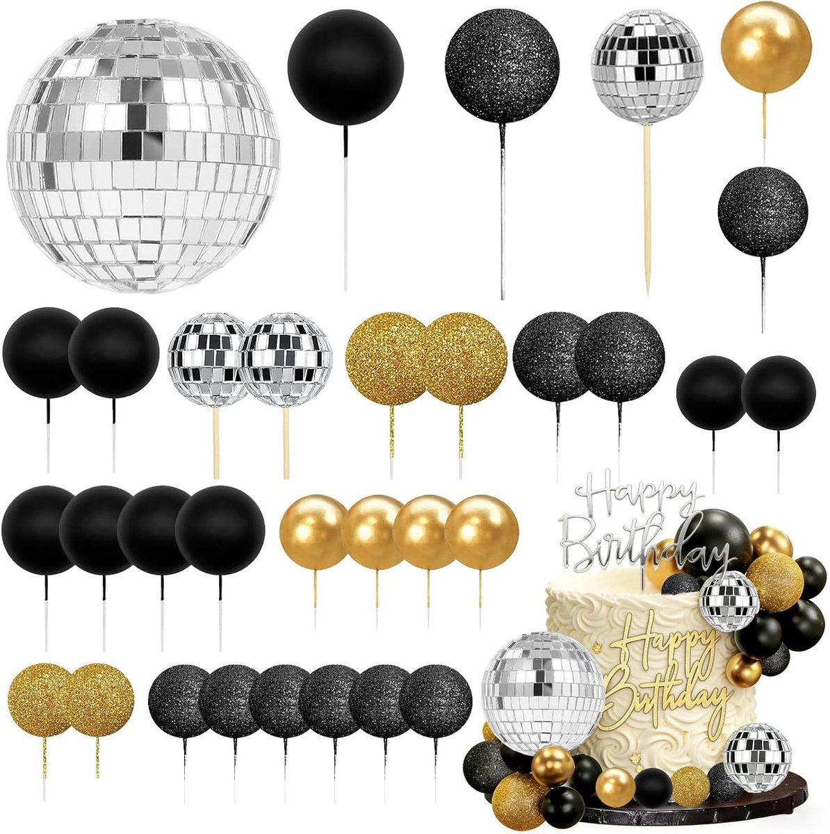 SnelShoppen - Pack van 33 Taartdecoratie Ballen, Schuimrubberen Taarttoppers in Zwart en Goud, Glitter, Mini Ballonnen voor Verjaardag, Bruiloft, Vale