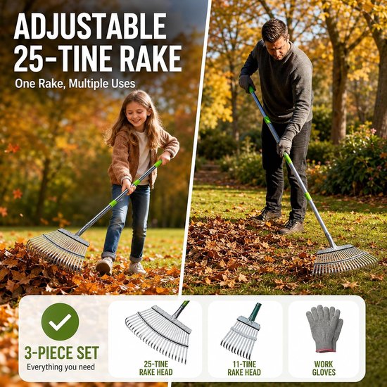 SnelShoppen - Hark Tuin 25+11 Tanden Bladhark met Metalen Steel, 4-delige Verstelbare Handgreep 40-45 cm, Heavy-Duty Tuinhark voor Bladeren, Gazon en van Snelshoppen — afbeelding 3