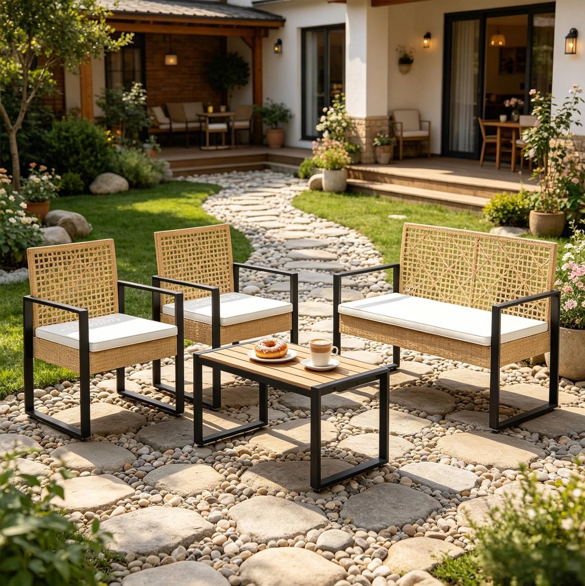 MODENUIT Loungeset 4-Zits - Modulair Met 2 Stoelen En Tafel - Voor Balkon En Terras - Metaal Naturel Hout