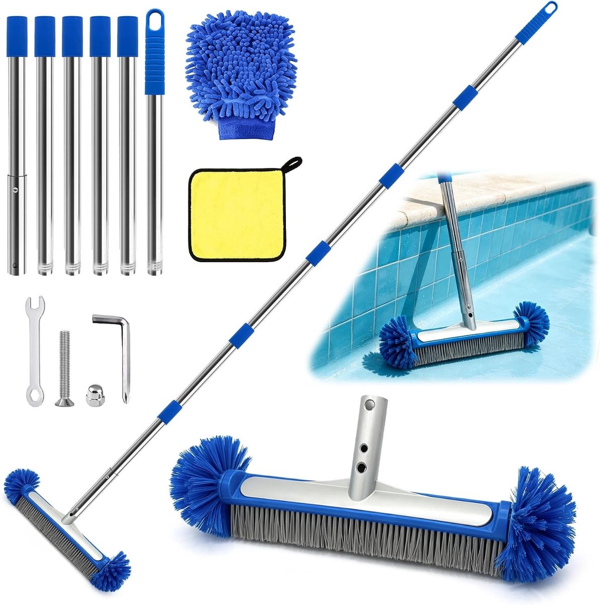 Set van 45 cm zwembadborstels met verstelbare stang, reinigingsdoek en microvezel handschoen voor optimale zwembadonderhoud