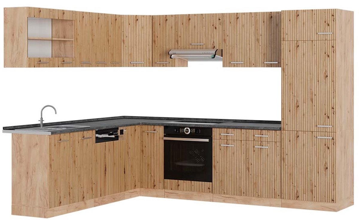 Vicco Hoekkeuken R-Line, Artisanaal eiken/Goudkleurig Eiken, 287 x 227 cm, WB Antraciet