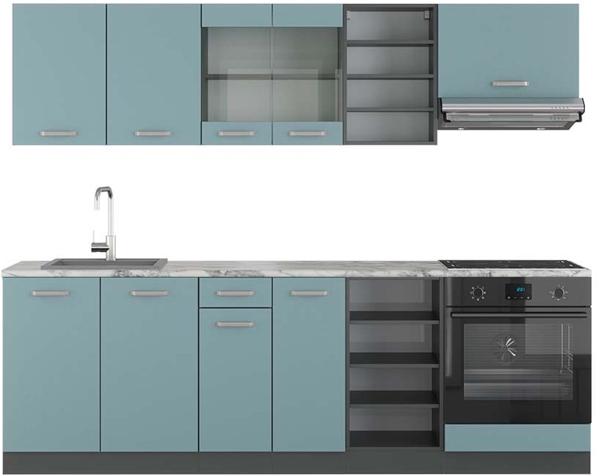 Vicco R-Line Complete keukeneenheid – 240 cm, WB Marmer Blauw-grijs/antraciet