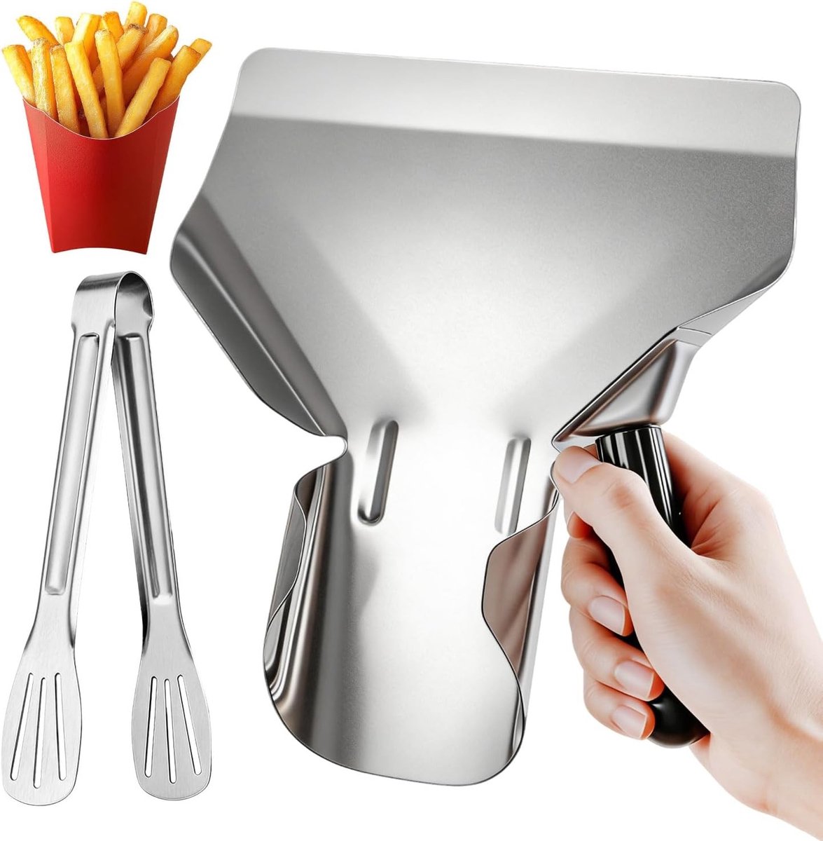 Frieslepel en Keukentangen Set, Roestvrijstalen Popcorn Schep, Frituurlepel met Ergonomische Handgreep, 22.5 x 20 cm, Ideaal voor Thuisgebruik en Feestjes