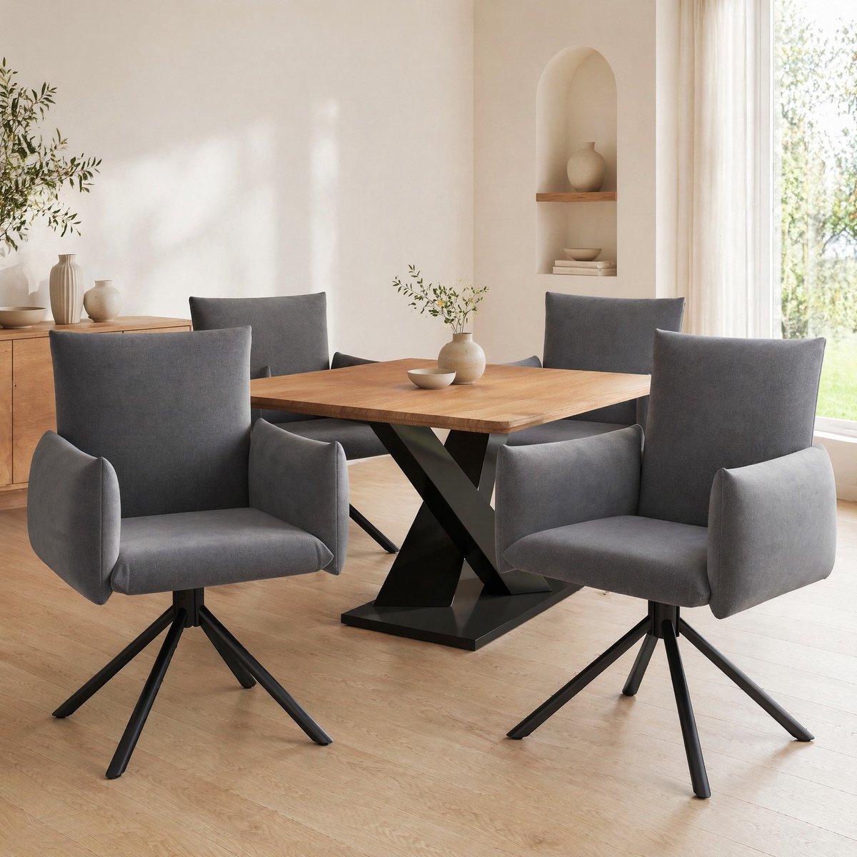 COVREO Eetkamerstoel 60x60x88 cm grijs, velvet met armleuningen draaibaar