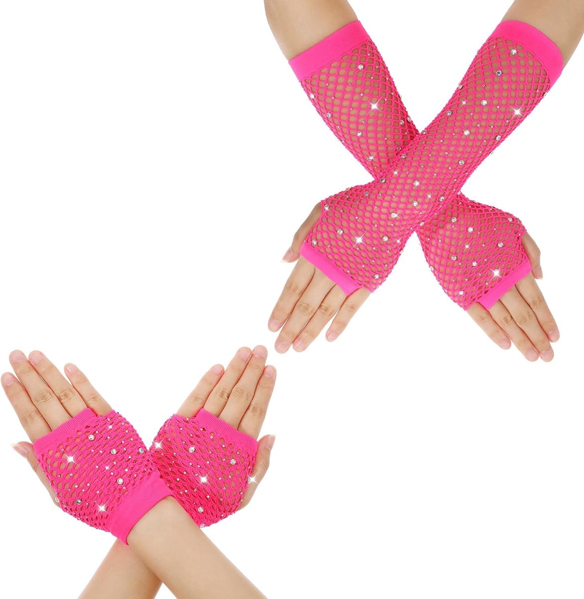 Handschoenen met strassteentjes, lange korte vingerloze nethandschoenen, stretch mesh, korte handschoenen voor Halloween jaren 90, accessoires, disco, maskerade, neon
