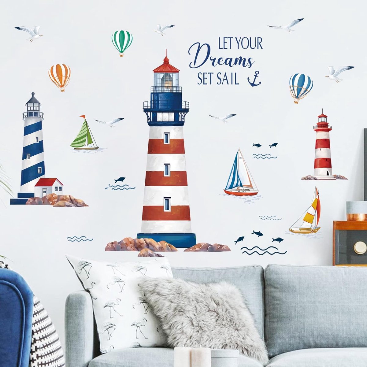 wondever Muursticker nautisch vuurtoren muursticker zeilboot meeuwen muursticker wanddecoratie voor kinderkamer babykamer woonkamer