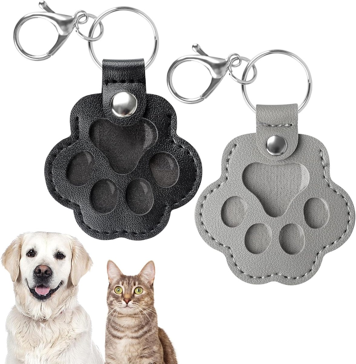 2 stuks dierhaar gedenkteken sleutelhanger voor hond kat, herinnering aan overleden hond kat pootvormige hanger, cadeau voor hondenbezitters kattenliefhebbers (zwart + grijs)
