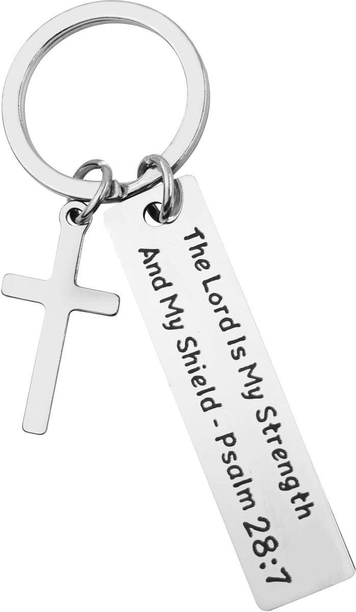 Sleutelhanger met christelijk kruis, inspirerend bijbelvers "The Lord Is My Strength and My Shield", religieus cadeau voor verjaardag, Kerstmis, Pasen, zilver, medium