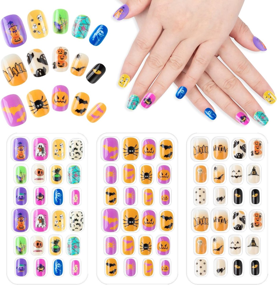 72 stuks Halloween nageltips voor kinderen, acryl kunstnagels met spin, valse nageltips voor nageldecoratie, Halloween