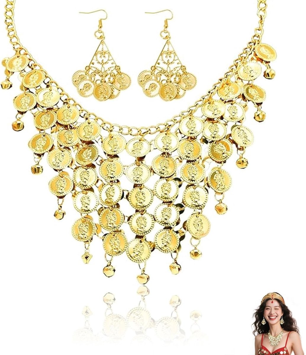 Bellydance Accessoires voor Vrouwen, Sieraden Set met Gouden Oorbellen en Ketting, Oriëntaalse Kostuum Accessoires voor Carnaval en Feestjes