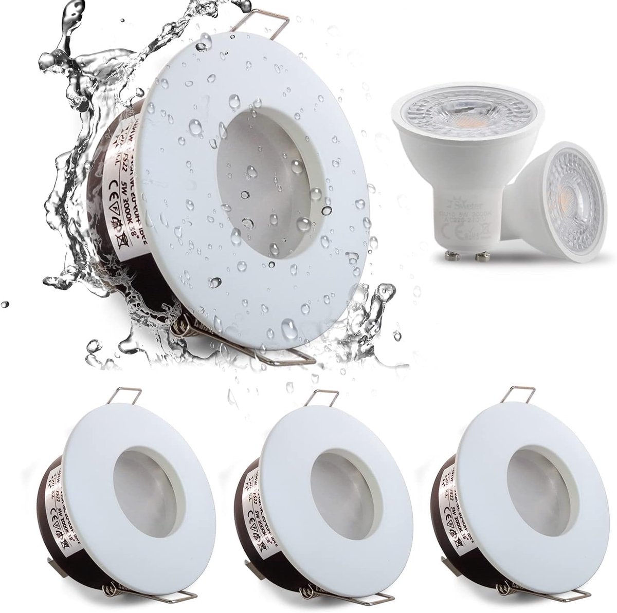 Badkamer Inbouwspot Wit,5W Waterdicht LED Downlight,230V GU10 Plafondspots Warm wit 3000K 430LM,Gat Diameter Ø70mm,voor badkamer,Keuken,Woonkamer,Hal,set van 4