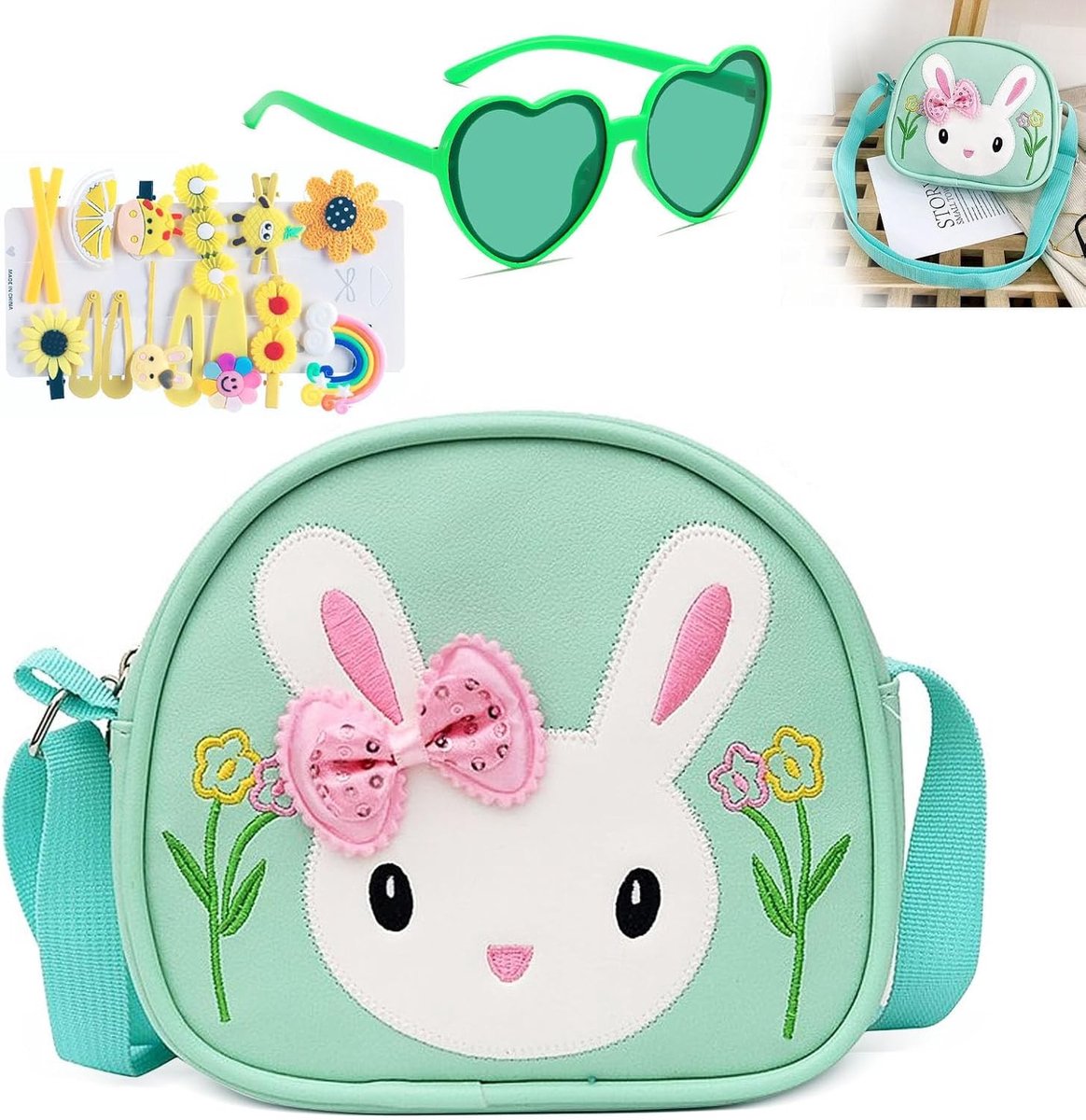 Schattige meisjeshandtas in de vorm van een konijn met zonnebril en 14 haarspelden - PU leren mini tas voor kinderen, perfect voor feestjes en dagelijks gebruik