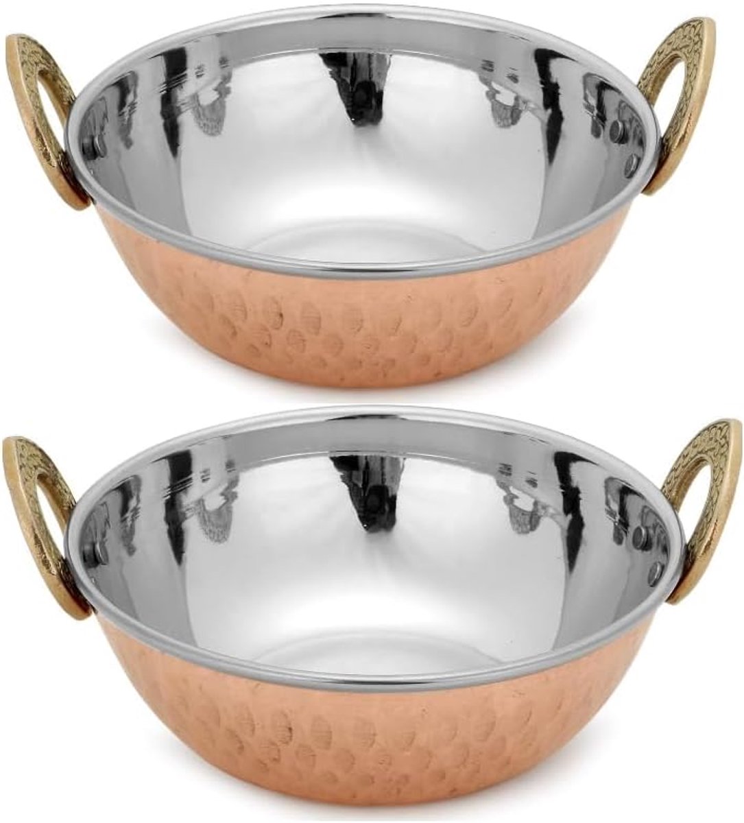 Impex Indiase serveerschaal, koper en gehamerd roestvrij staal Karahi voor Indiase gerechten en serveerstukken, 2-delige set, diameter 15 cm