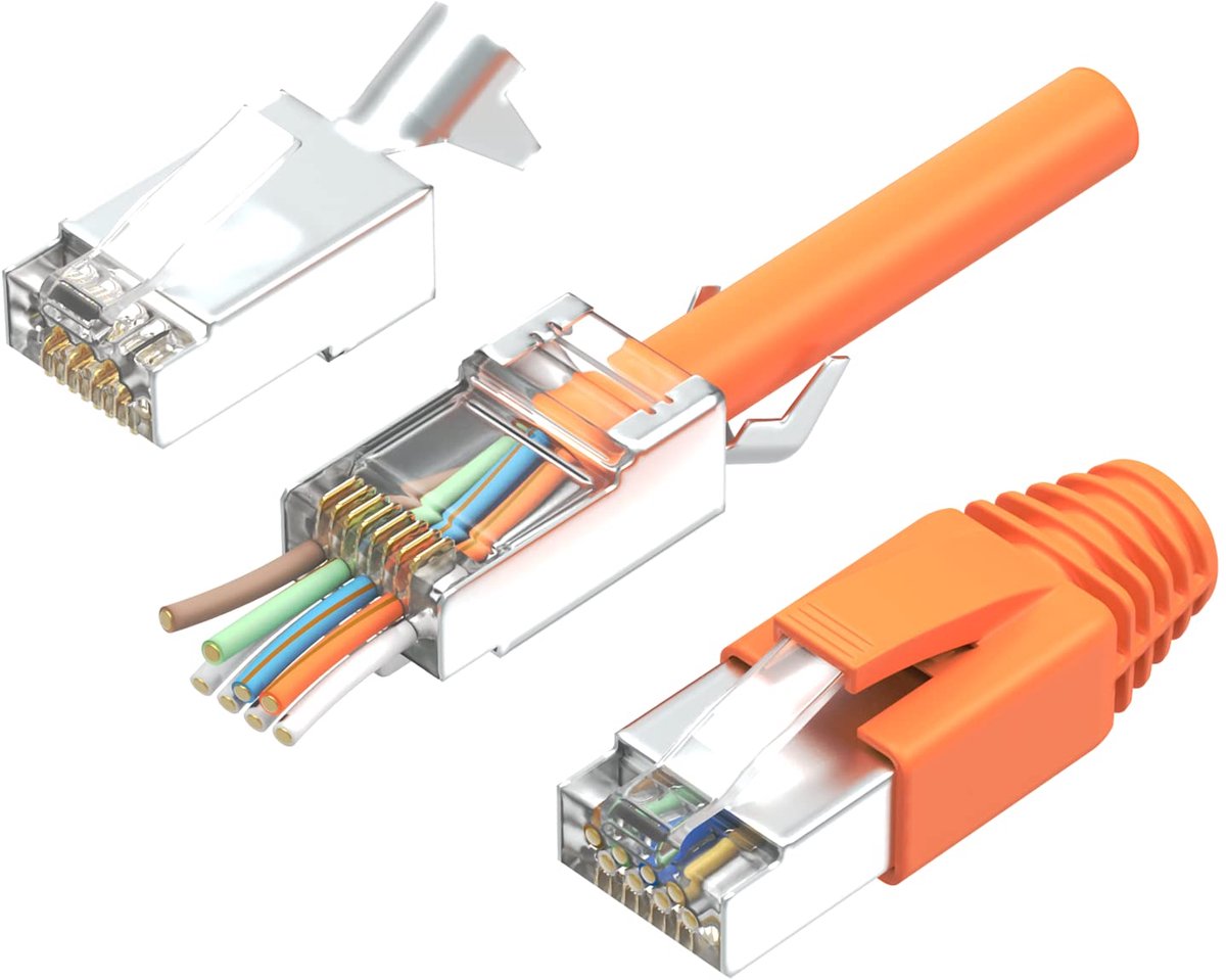 Cat7 50-delige set | Netwerkstekker, pass-through & afgeschermd | Incl. trekontlasting, knikbeschermingshuls oranje & invoerhulp | Ideaal voor CAT 7, Cat6A installatiekabel AWG23 | 8