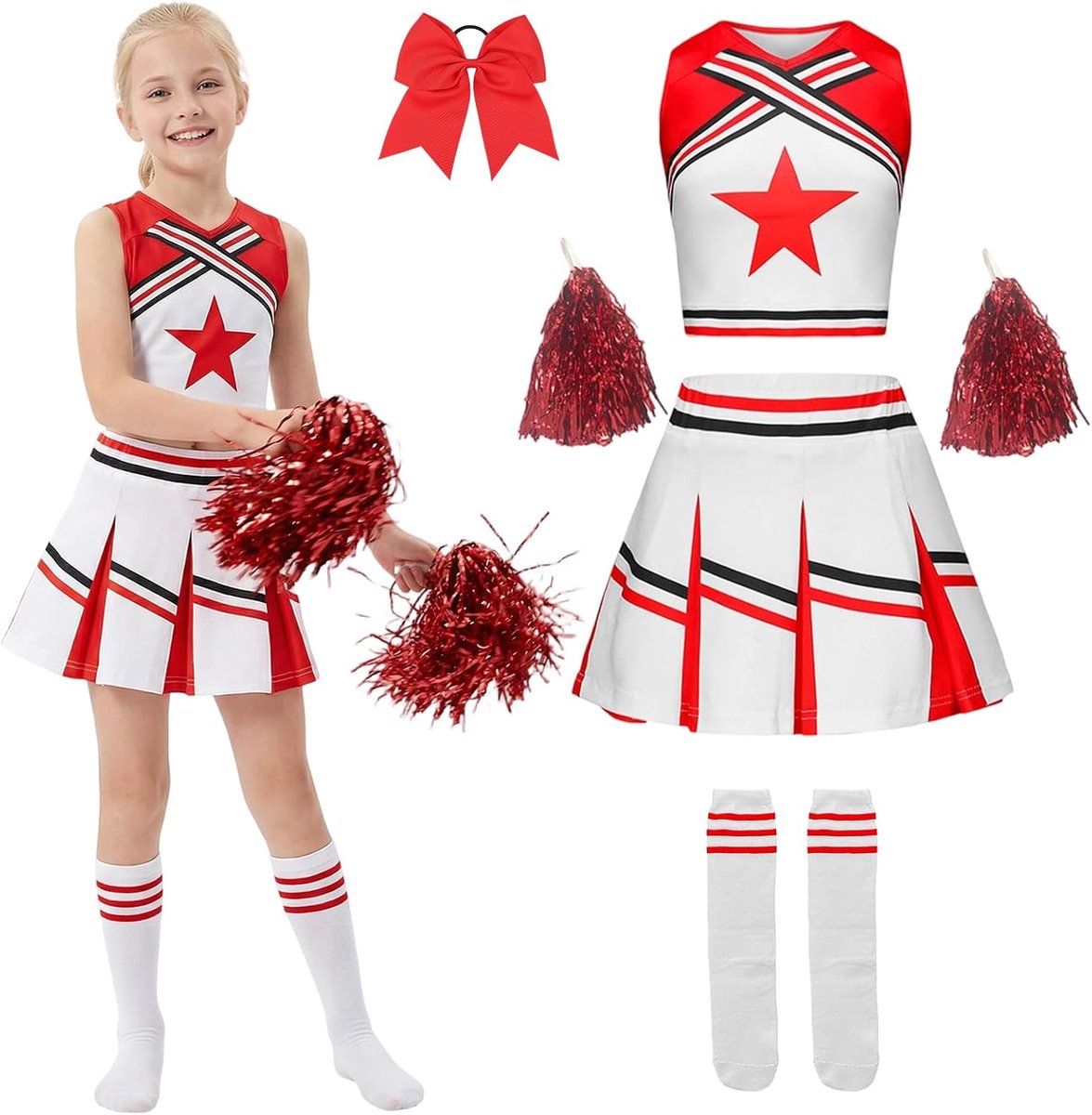 Cheerleader-kostuum voor meisjes, kindercheeroutfit, set met jurk, pompons, sokken, carnavalskostuums voor carnaval, party, cosplay