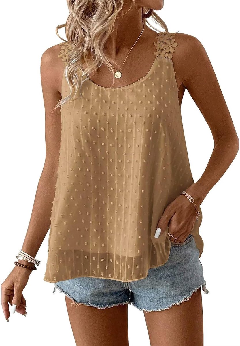 Tank Tops Dames Zomer Boho Blouse Mouwloos Top Tops Vloeiend Kant Rousjes Schattig Elegant Ronde Hals T Shirt Casual Bloemen Camisole Lente Kant Herfst Westen Lichtbruin M