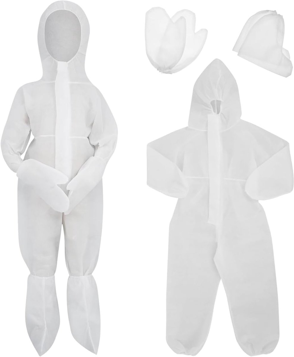 Kinderen wegwerp overall met elastische polsen, enkels en capuchon, niet-poreuze anti-stof ventilatie pak wit, met handschoen en schoen cover