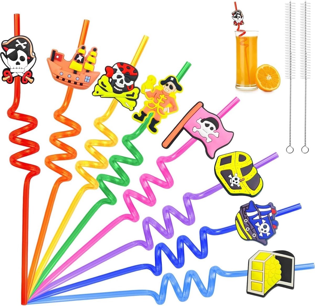 Rietjes, Nieuwe Feestrietjes, Gekrulde, Herbruikbare Rietjes met Schoonmaakborstels, Drinklusrietjes voor Kinderen, Feestrietjes voor Kinderverjaardagsdecoratie