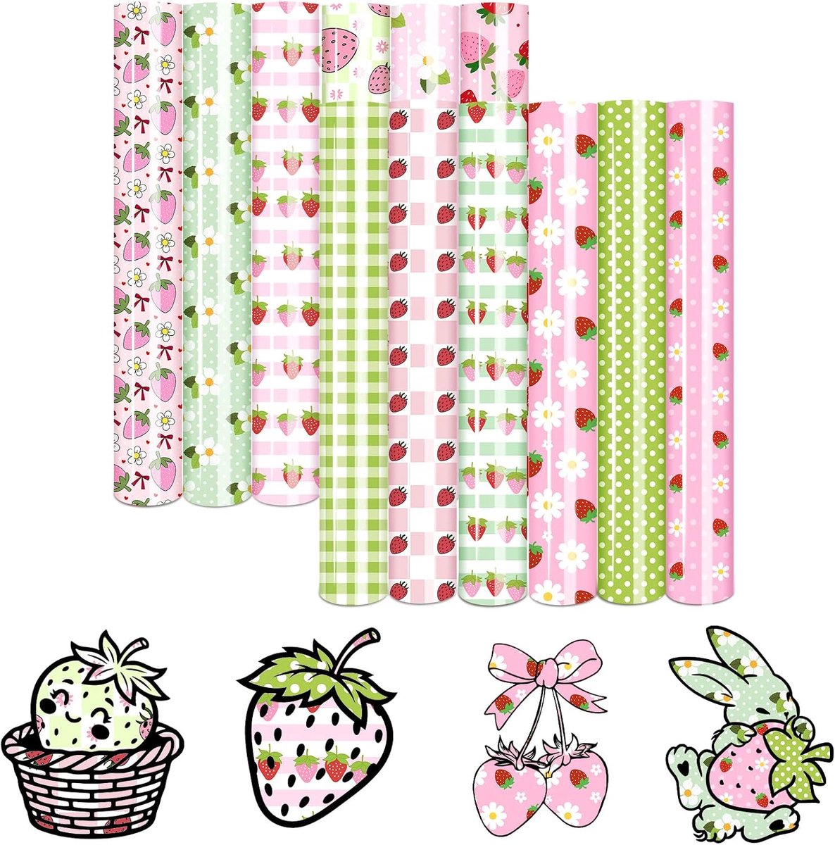 Plotterfolie met aardbeienpatroon, voor textiel, Iron on folie, warmteoverdracht vinyl, 12 stuks, 30 x 25 cm, flexfolie, voor kleding en tassen, compatibel met alle snijmachines
