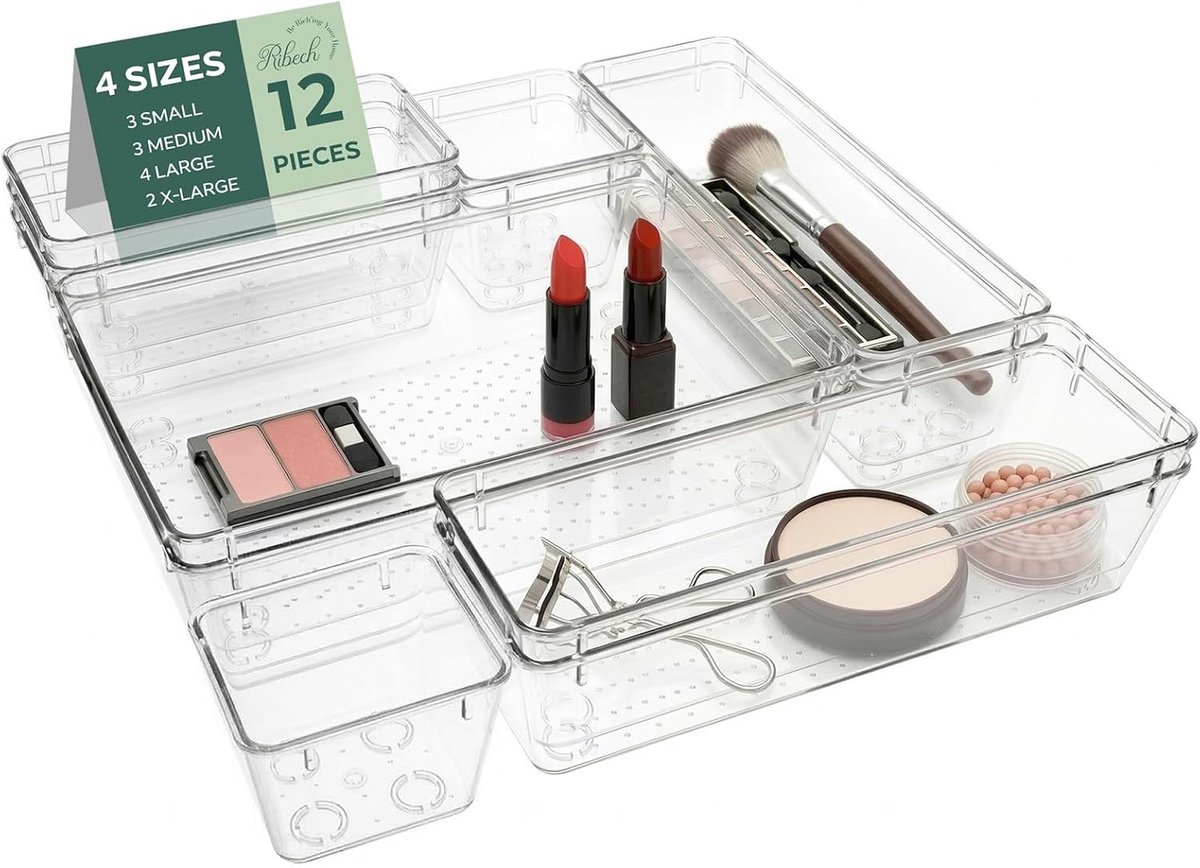 LadeOrganizers set van 12 - 4 formaten - antislip - stapelbaar transparant voor make-up, keuken, badkamer - SnelShoppen