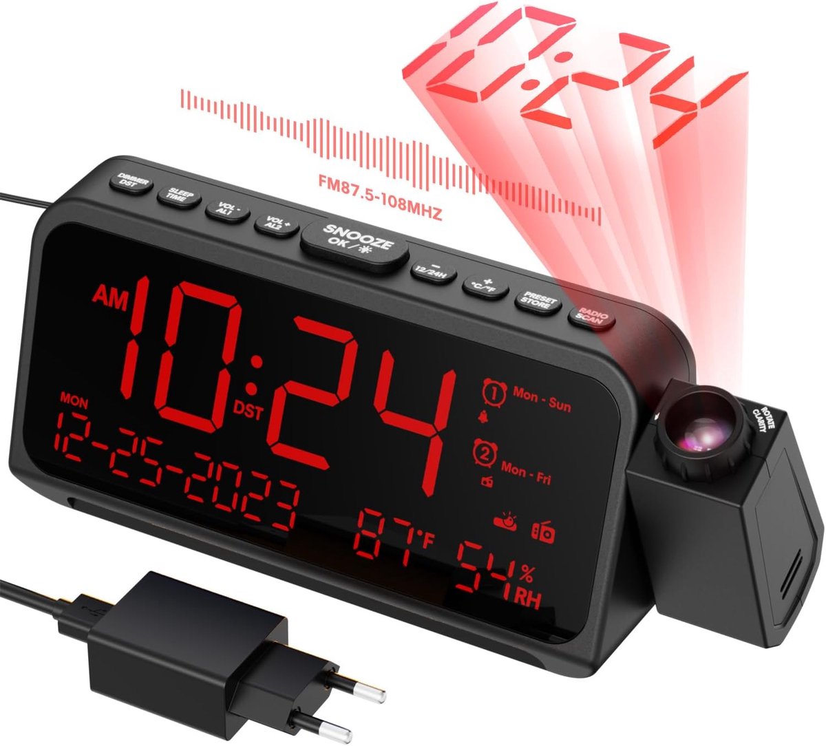 Radiowekker met stroomkabel, wekker met projectie voor slaapkamer | Type C & USB-aansluiting, dubbele wekker voor weekdag/weekend, DST dimmer & temperatuur & datumweergave