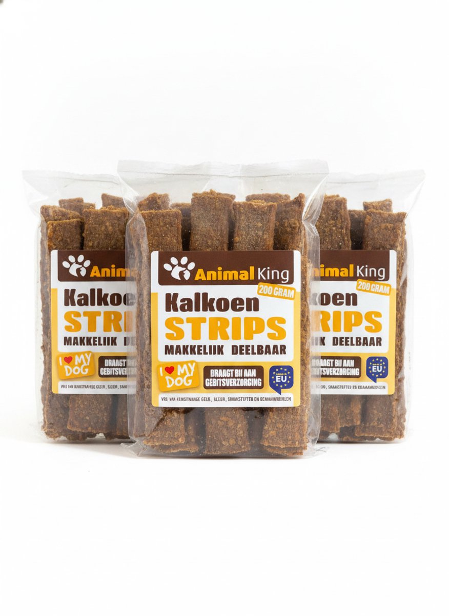 animalking Hondensnack Kalkoen Strips - 100% Natuurlijke Trainingssnack voor Honden - Graanvrij - 3 x 200 gram