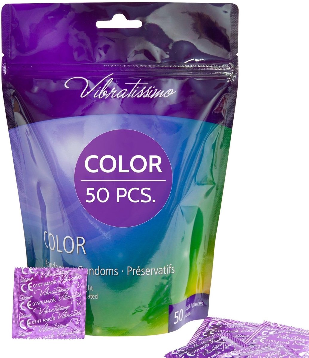 VIBRATISSIMO Color Condooms, Gevoelsecht & Extra vochtig, Gekleurde anticonceptie voor mannen, Pack in Rot Schwarz Grün Gelb Gold, 50-pack