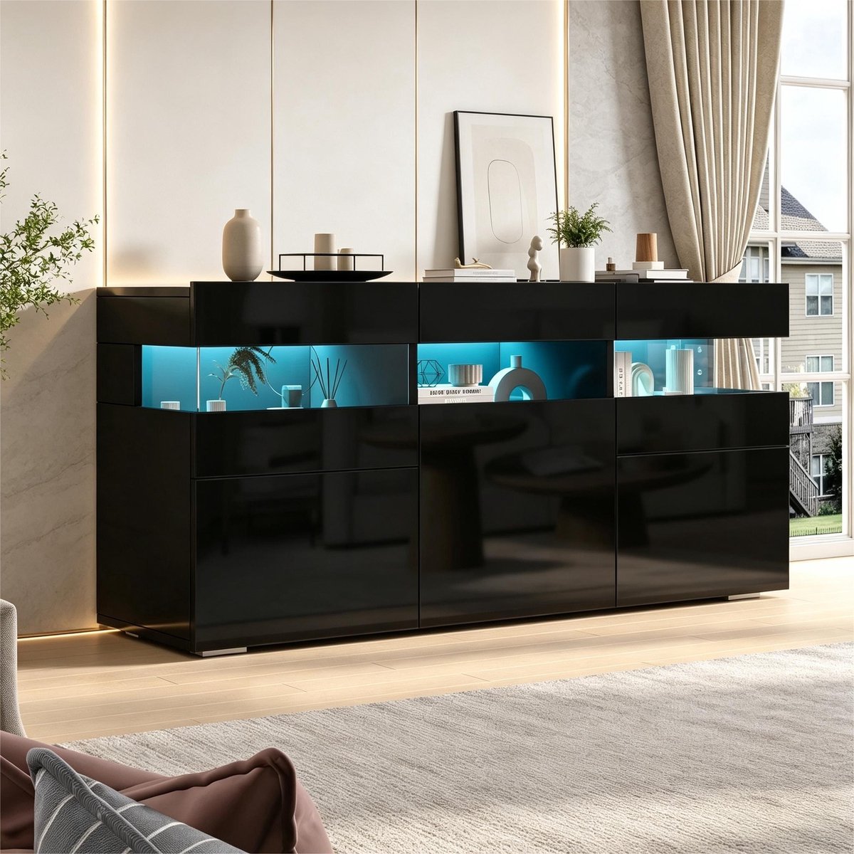 Sweiko Hoogglans Dressoir - Buffetkast - LED-verlichting - Acryl deuren - 140 × 40.5 × 66.5 cm - Zwart