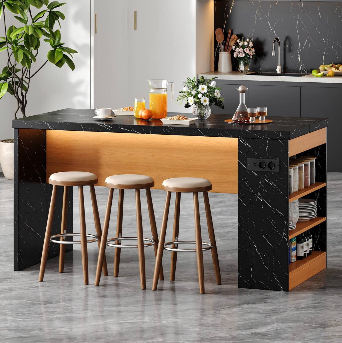 FloraGrace Bartafel Met Led Verlichting En Stopcontact - Keukeneiland Voor Keuken En Eetkamer - Hout - 155x80x90 Cm - Zwart Natuur