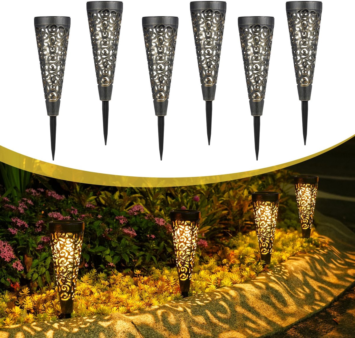 Omgoods - Zonnelampen voor Buiten - 6 Stuks, Vintage, Weerbestendig, Warmwit LED-Tuinverlichting