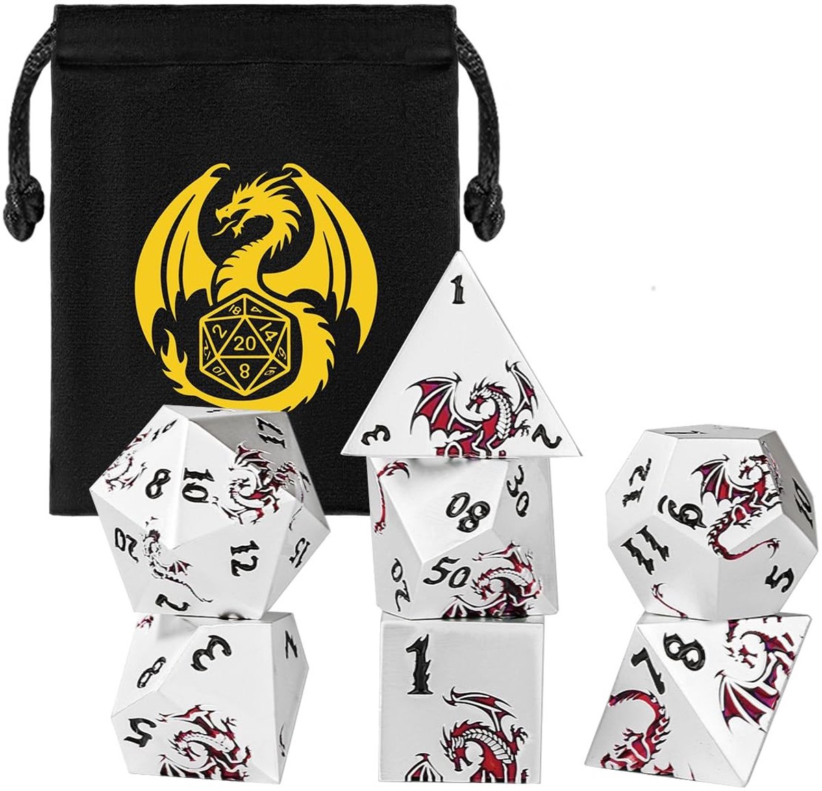 Omgoods - 7-Delige Metalen D&D Dobbelstenen Set met Rode Draak Patroon
