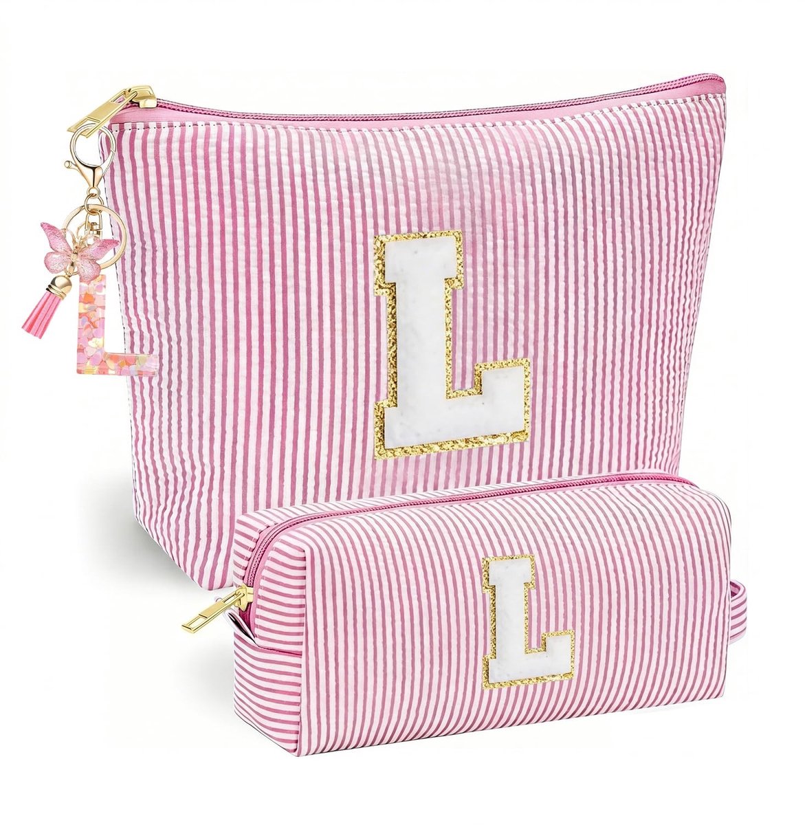 Omgoods - Gepersonaliseerde Roze Cosmetische Tas met Vlinder Kwastje Sleutelhanger - Make-up Tas voor Meisjes