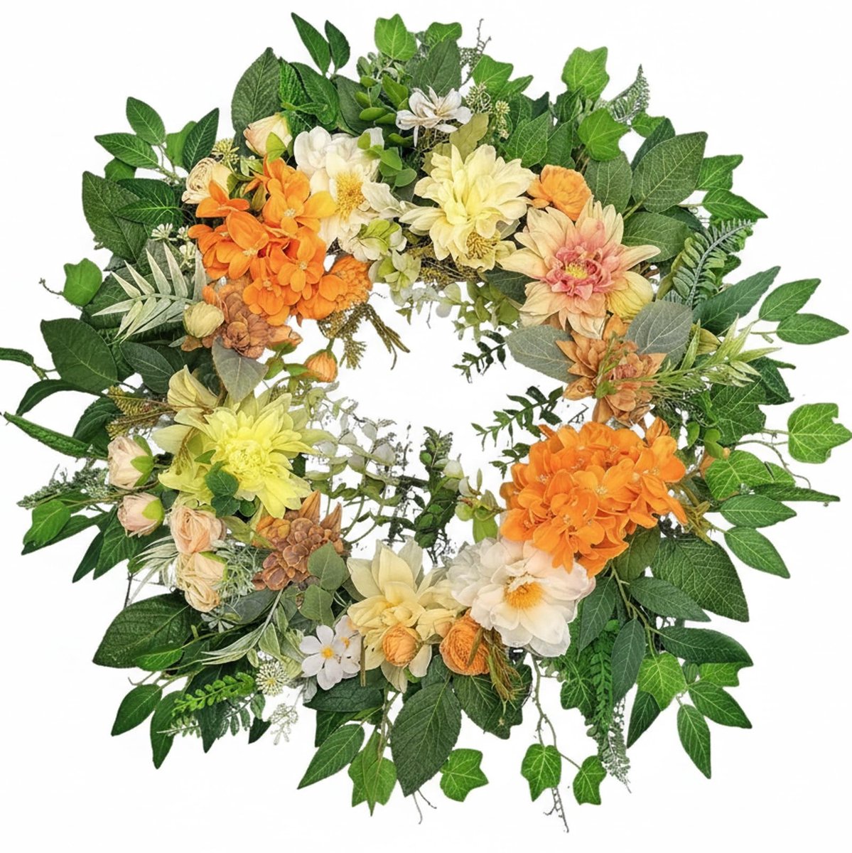 Omgoods - Kunstbloem Wreath voor Deur 60 cm met Oranje Hydrangea en Witte Pioenrozen
