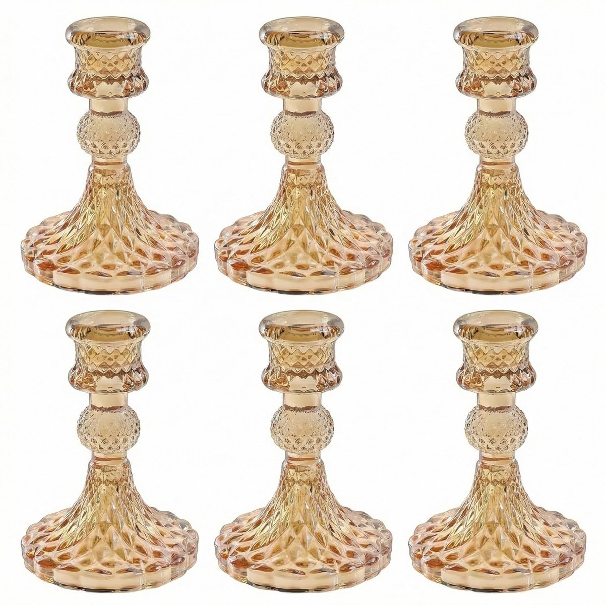 Omgoods- Kandelaarset 6-delig - Transparante Kandelaar - Barnsteen - Tafeldecoratie - Elegant - Stevig Glas - Kaarsenhouder