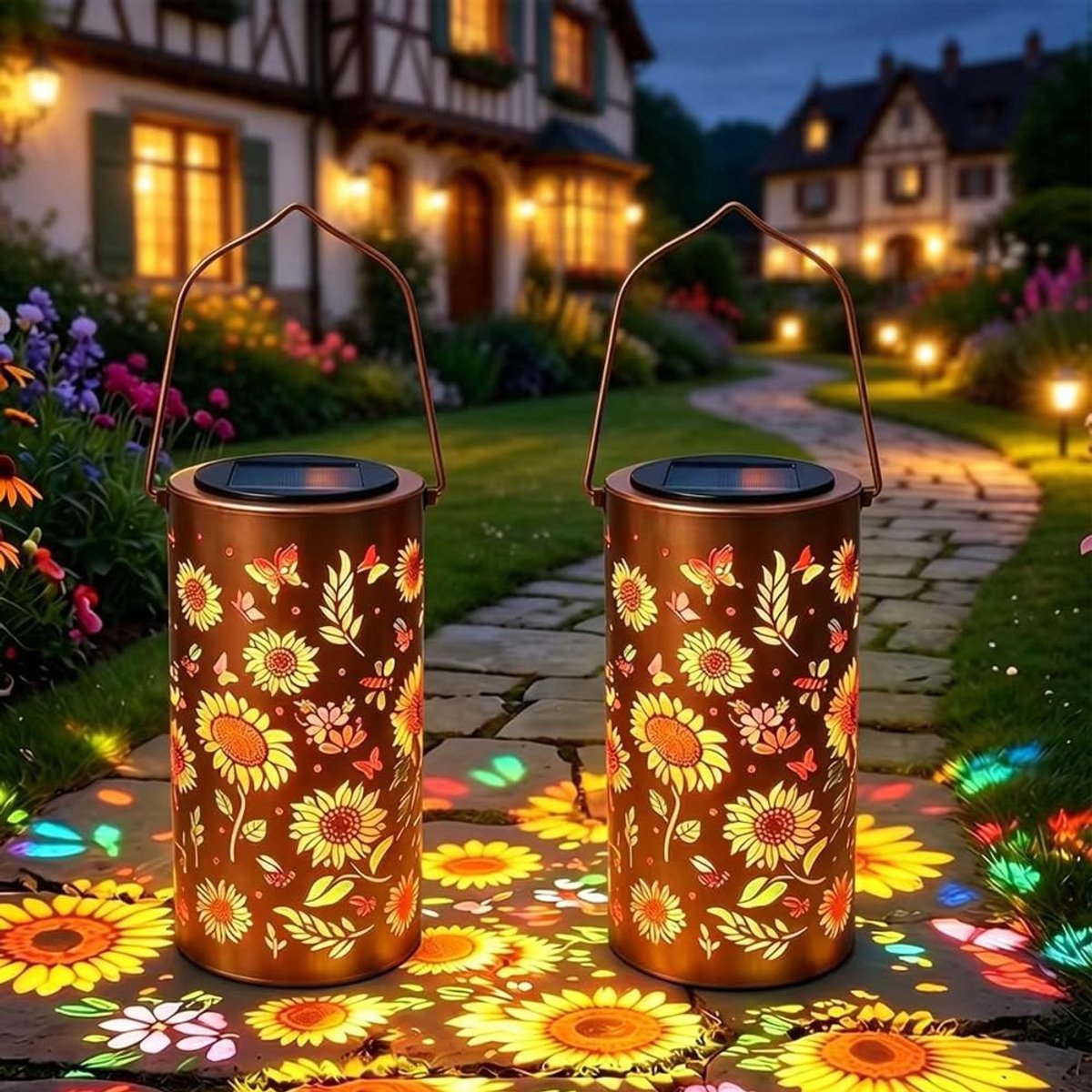 Omgoods - Set van 2 Kleurige Zonnebloem Solar Tuinlantaarns